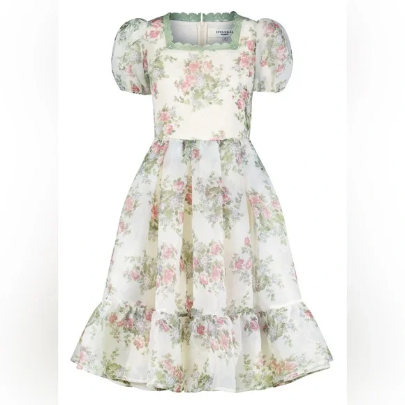 JessaKae Floral Puff Sleeve Dress - White and Pink - Picture 1 of 4